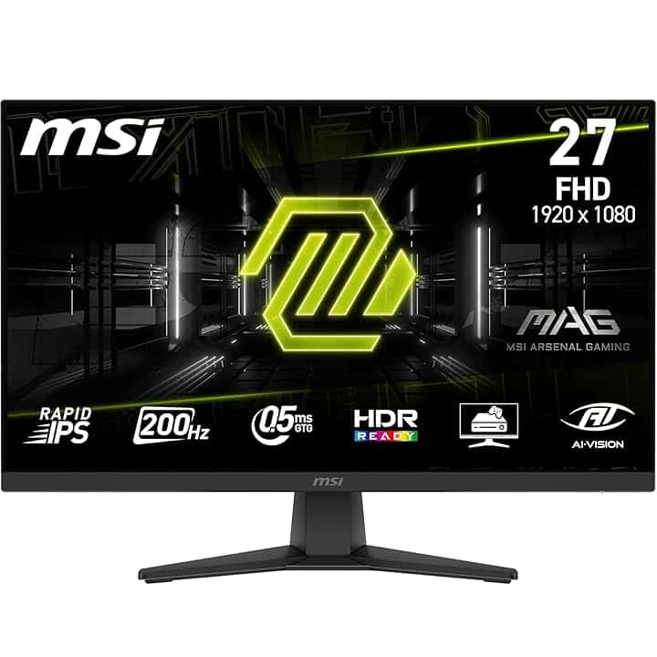 msi MAG 272F Monitor Gaming 27", FHD 1920x1080, 200Hz, 0,5ms, HDR Ready, AMD FreeSync Premium, Eye Care, AI Vision, HDMI 2.0b, DP 1.2a, Supporto Regolabile in Inclinazione, Montaggio VESA, Nero