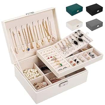 LUZOON LUZOON Portagioie Donna Ragazza, Grande Porta Gioielli Bambina a 2 Strati in Pelle PU Scatole Portagioielli Cofanetto per Collane, Orecchini, Bracciali-Chiudibile a Chiave con Chiave-Bianco