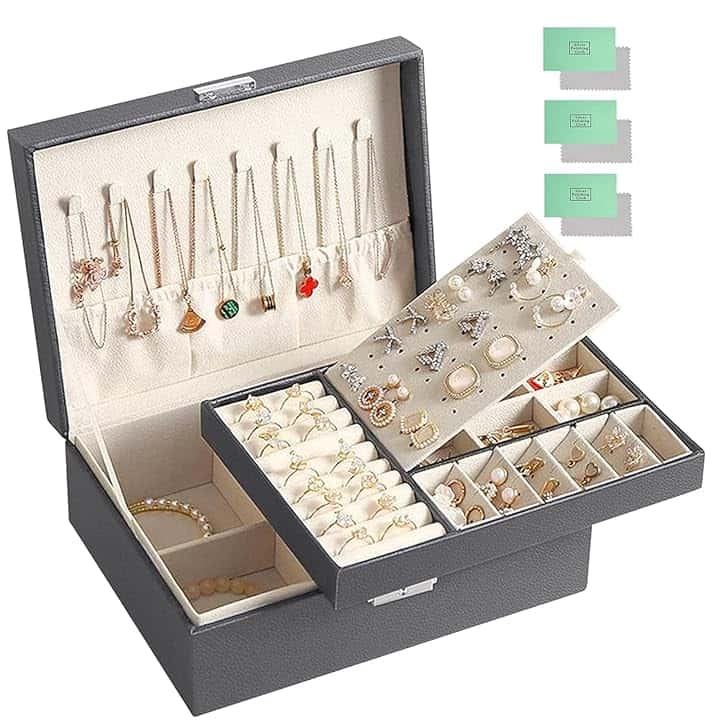 JOTOL JOTOL Scatola Portagioie,Scatola porta gioielli,con Serratura da 2 Strati Organizer Portagioie Salvaspazio,per Anelli,Orecchini,Collane, Orologi,Grigio
