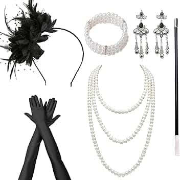 DTAOZFA Set di accessori anni 20, set di accessori anni 1920 per donne, accessori per abito anni 20, perfetto per carnevale, festa danzante con fascia, bracciale, collana, guanti, orecchini, tubo
