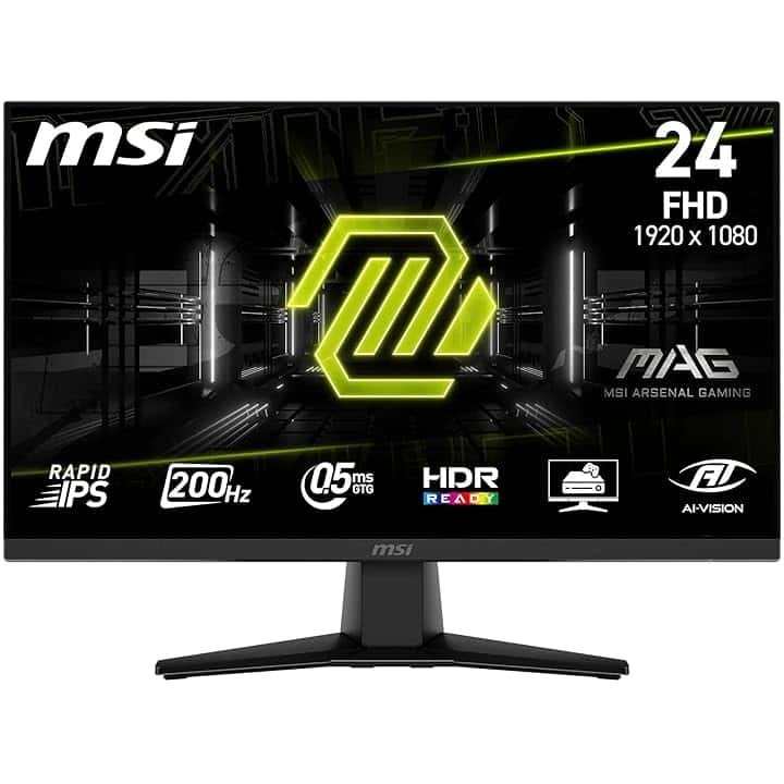 msi MAG 242F Monitor Gaming da 24" - FHD (1920x1080), Rapid IPS, 200Hz, 0.5ms, HDR Ready, AMD FreeSync Premium, Eye Care, HDMI 2.0b, DP 1.2a, Senza Cornice, Inclinabile, Montaggio VESA - Nero