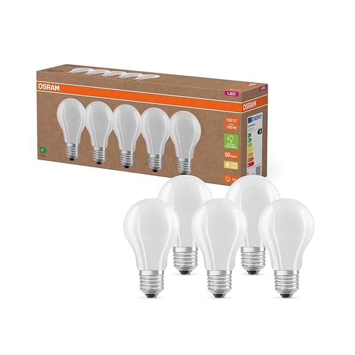 OSRAM Lampade LED ad alta efficienza con classe di efficienza energetica A, Confezione vantaggiosa con 5 lampadine, sostituzione 100W, bianco caldo (2700K), E27, vetro opaco Etichetta Energetica