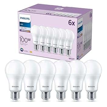 Philips LED E27, confezione da 6 lampadine, equivalente a 100 W, lampadine LED smerigliate, Plastica, Luce Bianca Naturale 4000K, LED a risparmio energetico con lunga durata