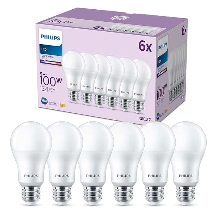 Philips LED E27, confezione da 6 lampadine, equivalente a 100 W, lampadine LED smerigliate, Plastica, Luce Bianca Naturale 4000K, LED a risparmio energetico con lunga durata