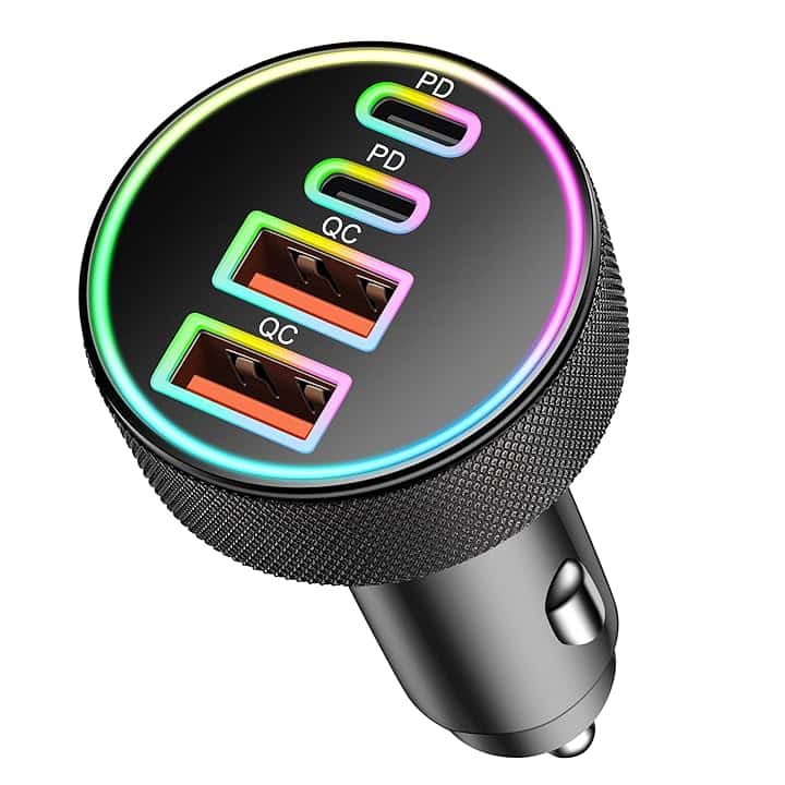 90W Caricatore Auto USB C, 4 Porte USB A & C Caricabatterie Accendisigari Presa 12V PD/QC Carica Batteria Adattatore per iPhone 17/Air/16/16e/15 Pro Max Plus, iPad, Samsung Galaxy S25/S24, Pixel 10/9