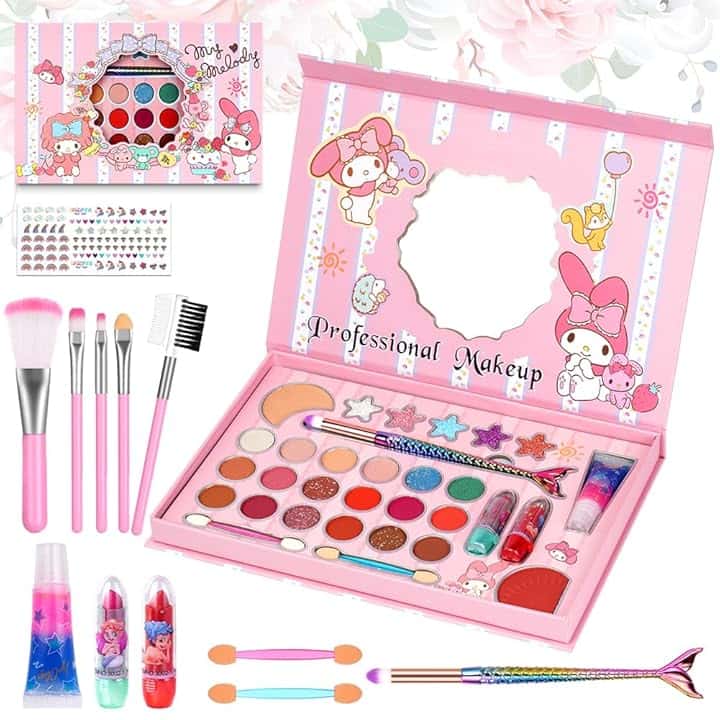 Aomig Set di trucco per bambini, 37 pezzi, lavabili, con 8 pennelli, set di bellezza cosmetico atossico, regalo per bambini, giochi di compleanno