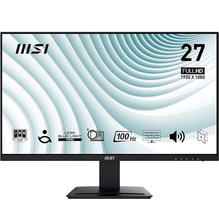 MSI PRO MP273A Monitor 27" Full HD – Pannello IPS 1920 x 1080, 100 Hz, Schermo a bassa emissione di luce blu, Montaggio VESA, Altoparlanti integrati, Supporto Display Kit – HDMI 1.4, DP 1.2a, D-Sub