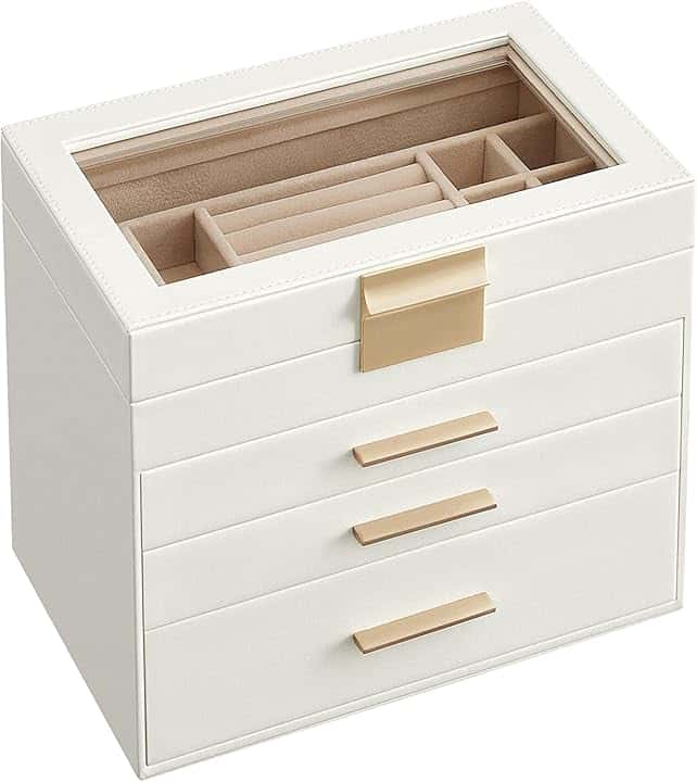 SONGMICS SONGMICS GISELLA Collezione - Scatola Portagioie con Coperchio in Vetro, 4 Livelli, Porta Gioielli con 3 Cassetti, Moderno, Idea Regalo, Bianco Nuvola e Dorato, 15,3 x 25,1 x 21,5 cm JBC161W01