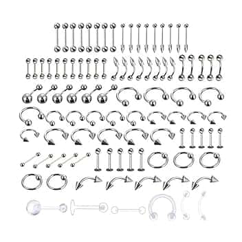 LuLyL 92 pezzi di perforazione (92 pezzi), 16 stili di acciaio inossidabile 316L, 6 pezzi di anelli per ombelico trasparenti per corpo, lingua, naso, orecchie, labbra, 91 unità (set di 1), acciaio