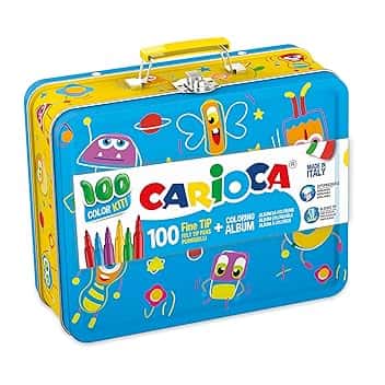 CARIOCA Set Creativo 100 Pennarelli Punta Fine Lavabili con Album da Colorare A4 e Astuccio Metallo Blu, per Bambini e Regalo