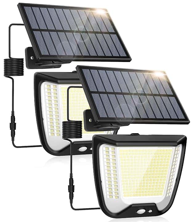 Luce Solare Esterno LED con Pannello: 288 Faretto Solari LED Luce con Sensore Di Movimento IP65 Impermeabile Giardino Faretti Lampade 3 Modes Faro Luci Da Esterni Solar 2 Pezzi con 5m Cavo