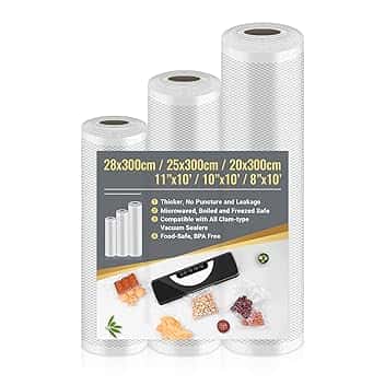Sacchetti Sottovuoto Alimenti 3 Rotoli 20/25/28x300cm, Sacchetti Sottovuoto per Macchina Sottovuoto e Sous Vide Cucina, Buste Sottovuoto Alimenti Senza BPA