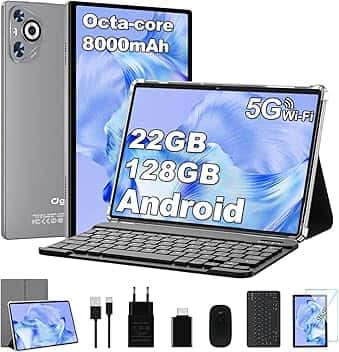 2026 Tablet 10 Pollici Android Tablet, 8000mAh, 22GB RAM 128GB ROM/TF 1TB, Octa-Core, Gemini AI, Corpo in Metallo, Face ID, Doppio WiFi, BT 5.0, Widevine L1, Protezione Occhi, Tastiera, Mouse, Grigio