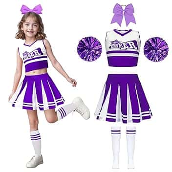 Wuzfully Costume da cheerleader per bambine con pompon e fascia per capelli Uniforme da cheerleader Carnevale Compleanno Halloween Cosplay Feste, 3-15 anni