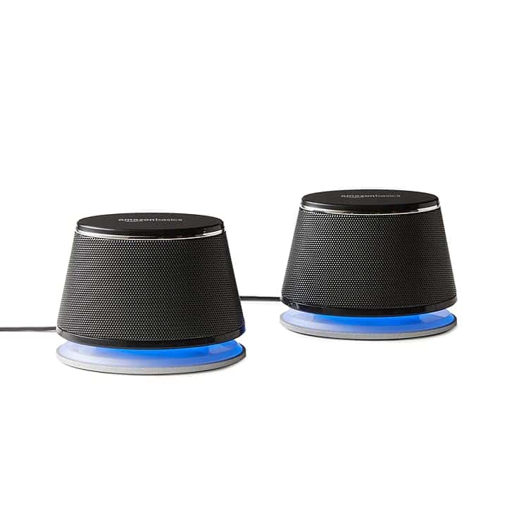 Amazon Basics Altoparlanti stereo 2.0 per PC fisso o portatile, ingresso AUX da 3,5 mm, alimentazione USB, 1 paio, nero