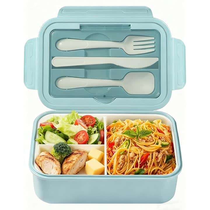 Diboniur Porta Pranzo, 1400ml Lunch Box con Posate, Schiscetta Pranzo Bambino Adulto Bento Box con 3 Scomparti, Schiscetta Contenitore Ermetico per Microonde Ufficio Lavoro Picnic (Azzurro)