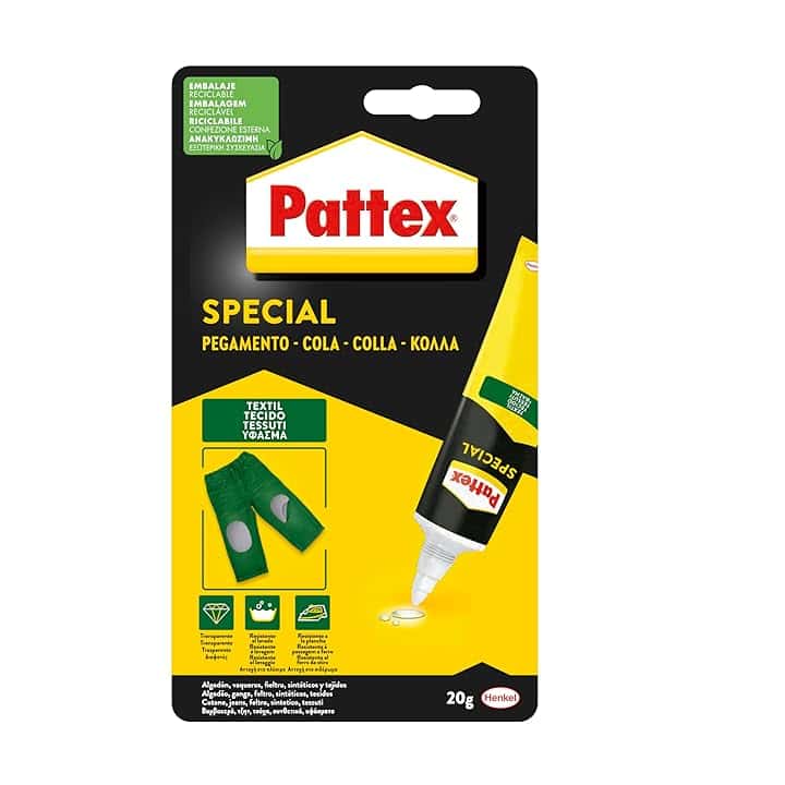 Pattex Special Tessuti Adesivo, Colla lavabile e stirabile ad asciugatura rapida, Colla tessuti ideale per cotone, jeans, lino, feltro e sintetici, 1 confezione da 20g
