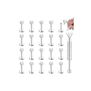 CASSIECA 20Pcs 16G Piercing Labret Acciaio Inossidabile Piercing Labbro Piercing Trago Helix Piercing Conch Naso Piercing Cartilagine Orecchini Gioielli Argento Oro Verticale Labret 6/8/10mm ClimeCo Certified