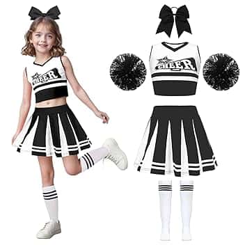 Wuzfully Costume da cheerleader per bambine con pompon e fascia per capelli Uniforme da cheerleader Carnevale Compleanno Halloween Cosplay Feste, 3-15 anni