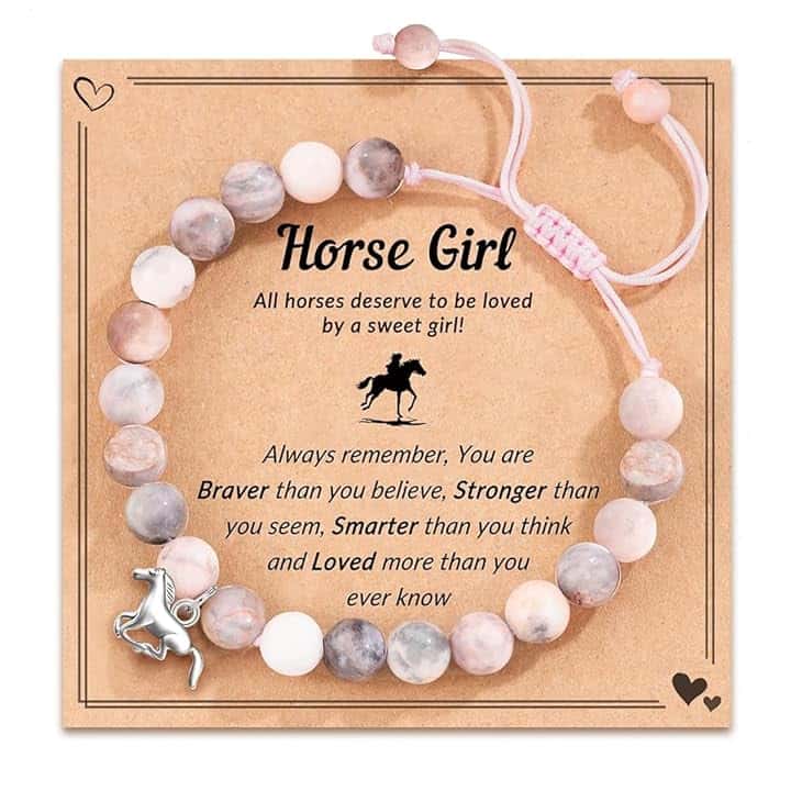 IBXWMNG Bracciale con ciondolo a forma di cavallo, Bracciale in pietra naturale rosa, un braccialetto intrecciato a mano, adatto come regalo per donne e bambini