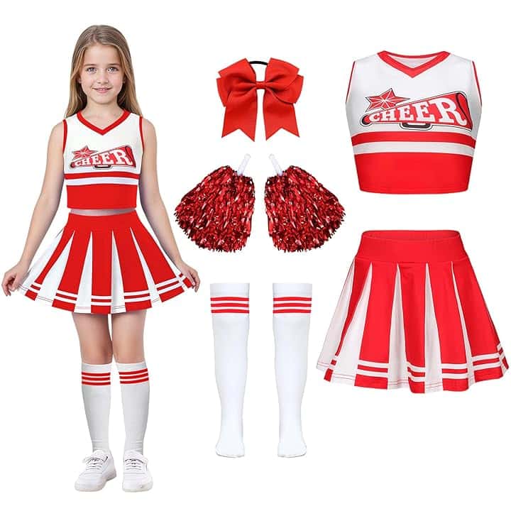 Luckyou Vestito Cheerleader Bambina Costume da Cheerleader Ragazze con Pompoms Calze Vestito Carnevale Bambina per Halloween Giornata Sportiva