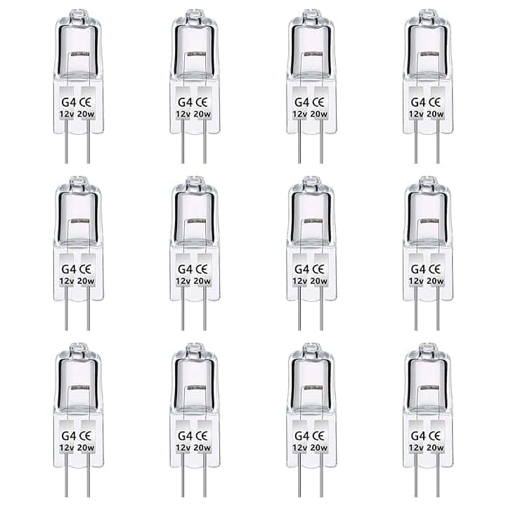 Caldarax 12 Pezzi Lampadina Alogena G4 20W 12V Dimmerabile, 280LM, Bianco Caldo 2700K, Lampadine G4 Alogene Bi-Pin Base Capsula, Trasparente, per Lampadine Cappa Cucina, Lampadario