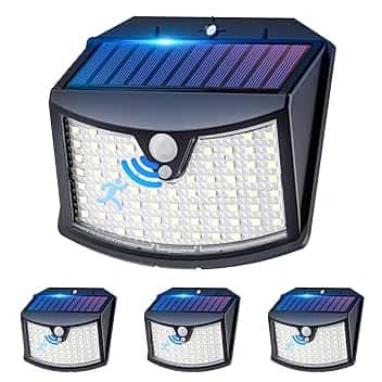 Luce Solare Led Esterno, 3 Modos IP65 Impermeabile Faretto LED da Esterno con Sensore di Movimento, Lampada Solare da Esterno per Giardino, Parete, Garage (4 Pezzi Bianco Freddo)
