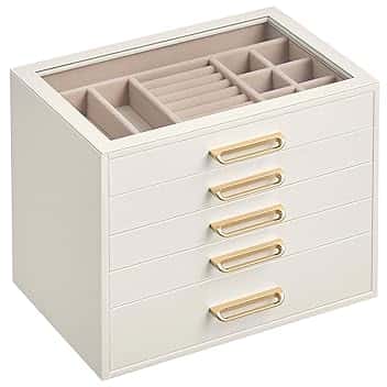SONGMICS SONGMICS Scatola Portagioie, Porta Gioielli a 5 Livelli con Finestra in Vetro, 5 Cassetti, Capiente, Moderno, Maniglie Dorate, Idea Regalo, 17,2 x 24 x 18,4 cm, Bianco Crema JBC205WD01
