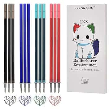 12 Pezzi Ricariche Cancellabili Compatibili con Legami (3 Verde, 3 Rosso, 3 Blu, 3 Nero) punta della penna 0,7 mm, facili da cancellare, per la scuola e la vita di tutti i giorni, altezza 13 cm