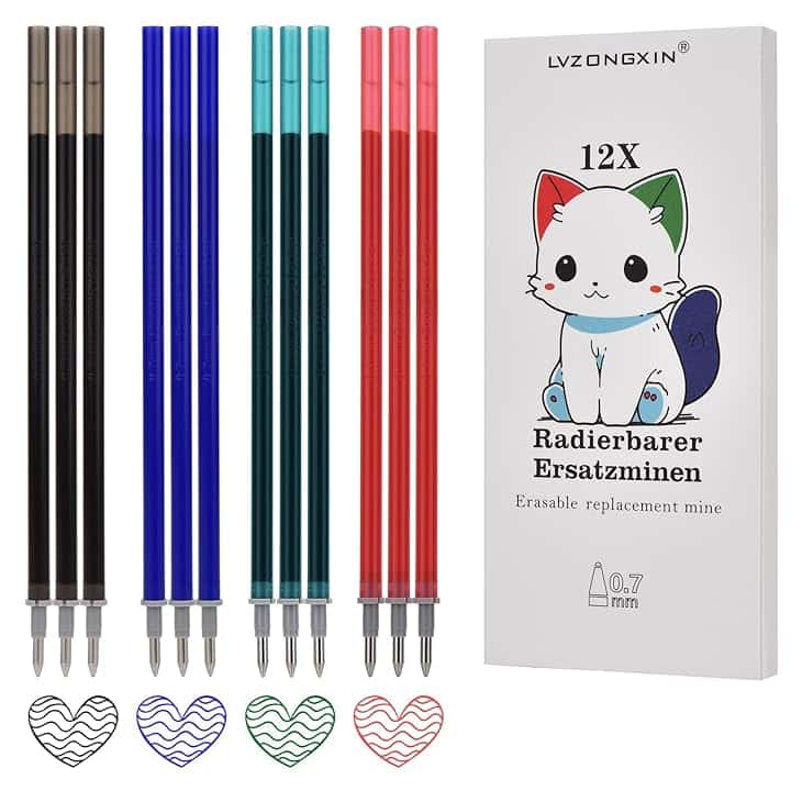 12 Pezzi Ricariche Cancellabili Compatibili con Legami (3 Verde, 3 Rosso, 3 Blu, 3 Nero) punta della penna 0,7 mm, facili da cancellare, per la scuola e la vita di tutti i giorni, altezza 13 cm