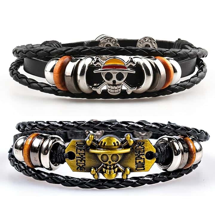 NHPY 2 Pezzi One Piece Bracciali, One Piece Braccialetti Merch, Bracciale Avvolgente Con Occhio Del Diavolo,One Piece Gadget Con Accessori A Forma Di Teschio E In Pelle Tressata(2Forma)