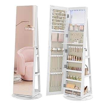 SONGMICS SONGMICS Specchio Portagioie con 6 Luci a LED e Chiusura, Armadietto Portagioie Girevole a 360° Specchio a Figura Intera senza Cornice, 3 Ripiani, Superficie Bianca, Fodera Greige JJC007W02