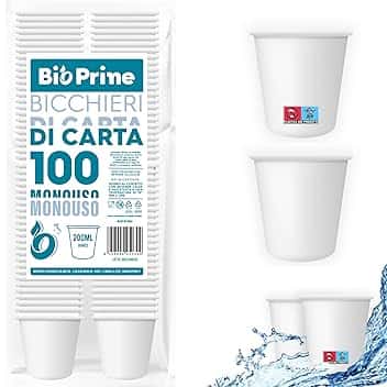 100pz - Bicchieri Acqua in Carta 200ml - Bicchieri 200ml Biodegradabili - Per Bevande Calde, Acqua e Bibite - Bicchieri Usa e Getta.