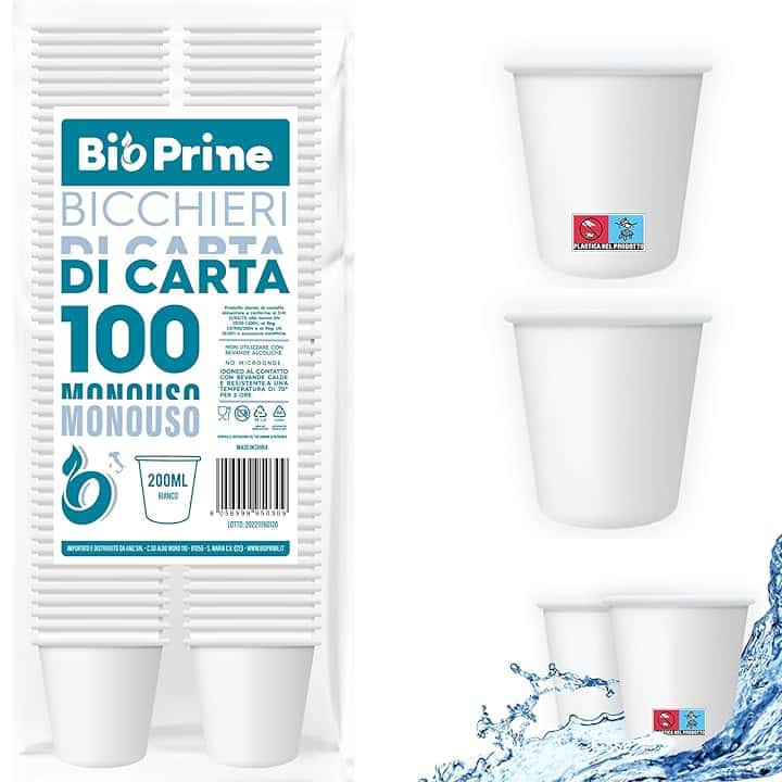 100pz - Bicchieri Acqua in Carta 200ml - Bicchieri 200ml Biodegradabili - Per Bevande Calde, Acqua e Bibite - Bicchieri Usa e Getta.