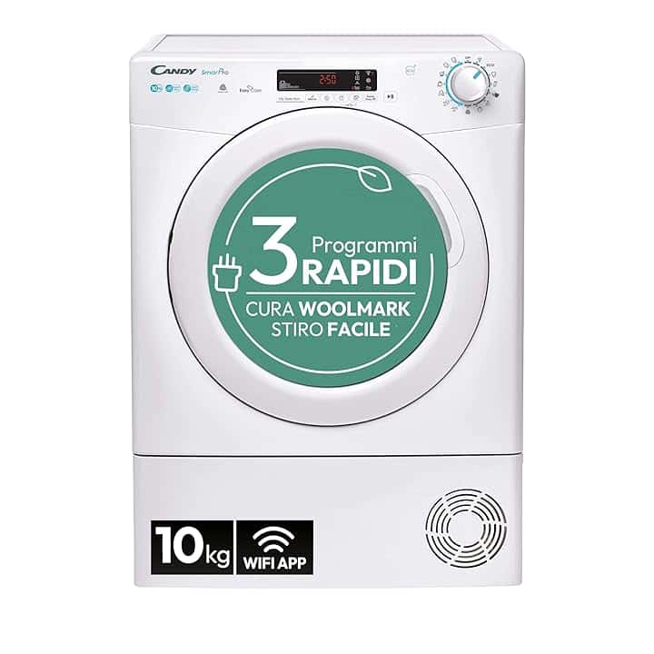 Candy Smart Pro Asciugatrice 10 Kg a Pompa di Calore, Libera Installazione, Connessione Wi-Fi, Controllo da App, 59,6 x 58,5 x 85 cm, Bianca - CSOE H10A2DE-S [Classe di efficienza energetica E]