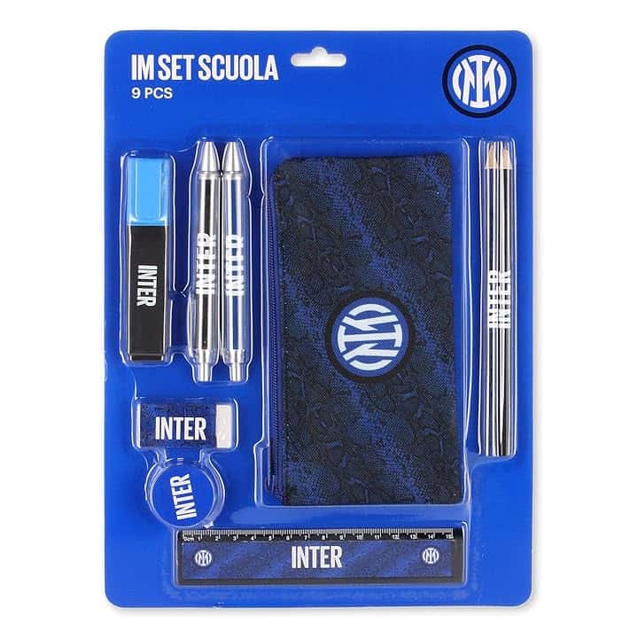 Inter linea Home - Set scuola con astuccio, righello, temperino, gomma, 2 penne, 2 matite ed evidenziatore, Blu Royal con stampa Snake e logo ufficiale