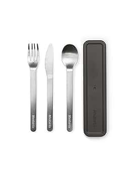 Brabantia - Make & Take Set di 3 Posate con Custodia - Coltello, Cucchiaio & Forchetta - Design Igienico & Compatto - Acciaio Inox - Adatto per Lavastoviglie - Set di Posate da Viaggio - Dark Grey