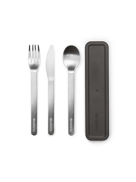 Brabantia - Make & Take Set di 3 Posate con Custodia - Coltello, Cucchiaio & Forchetta - Design Igienico & Compatto - Acciaio Inox - Adatto per Lavastoviglie - Set di Posate da Viaggio - Dark Grey