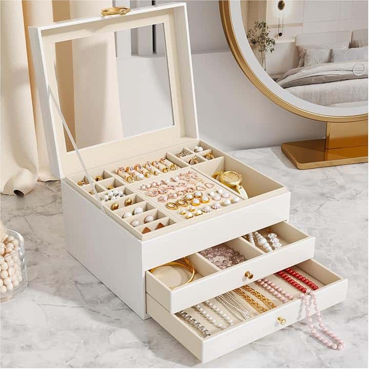OrderlyGo Grande Scatola Portagioie Donna 3 Livelli – Organizer Gioielli Elegante con 24 Scomparti – Custodia per Anelli, Collane e Bracciali con Coperchio Trasparente – Regalo Perfetto per Donna (Bianco)