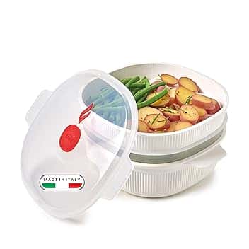 Snips - Vaporiera Microonde Bianca 4L con 2 Vassoi Sovrapponibili per Doppia Cottura a Vapore, Contenitori per Alimenti - Contenitore per Microonde, 26.5x22x13.5 cm, Made in Italy