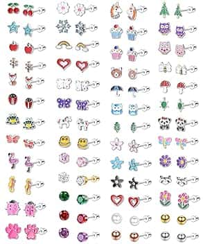 Milacolato 51Paia Orecchini Piccoli per Bambine Orecchini a Bottone con Aghi per Orecchie Acciaio Inossidabile Ipoallergenico, CZ Colorati Animali Fiore Frutta Perle Orecchini Stella Gioielli Regali