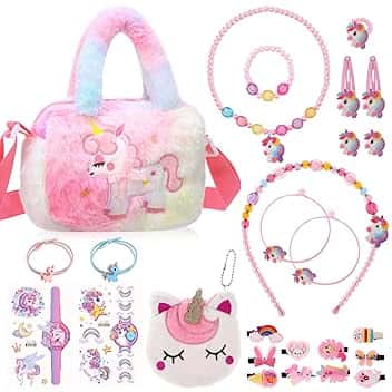 Halinuia Set di gioielli a forma di unicorno, 26 pezzi per bambine, gioielli per bambine, borse, collane, bracciali, anelli, orecchini, fermagli per capelli, regalo a forma di unicorno, per bambine di