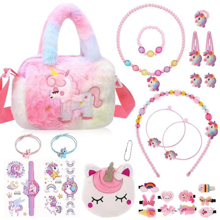 Halinuia Set di gioielli a forma di unicorno, 26 pezzi per bambine, gioielli per bambine, borse, collane, bracciali, anelli, orecchini, fermagli per capelli, regalo a forma di unicorno, per bambine di