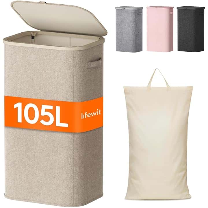 Lifewit Cesto Portabiancheria, Cesta Panni Sporchi con coperchio, Laundry Basket con Plastica Manici, Porta Biancheria Sporca per Bagno, Lavanderia, Camera da Letto, 105 L, Beige Recycled Claim Standard 100