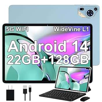 Tablet 10 Pollici Android 14 con 22 GB RAM + 128 GB ROM(Espandibile Fino a 1 TB), Widevine L1, Octa-Core 2.0 GHz, 5G Wi-Fi, GPS, 8000mAh, USB-C, HD Tablet con Tastiera + Mouse + Custodia, Azzurro