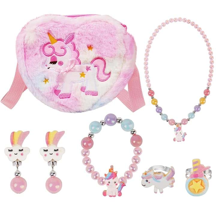 OSDUE OSDUE Unicorno Borsetta Bambina Set Gioielli, Unicorno Regalo Peluche Borsetta Bambina Set Gioielli Unicorno Accessori per Capelli Mollette per Capelli Ragazze Arcobaleno Collana Bracciale Anello