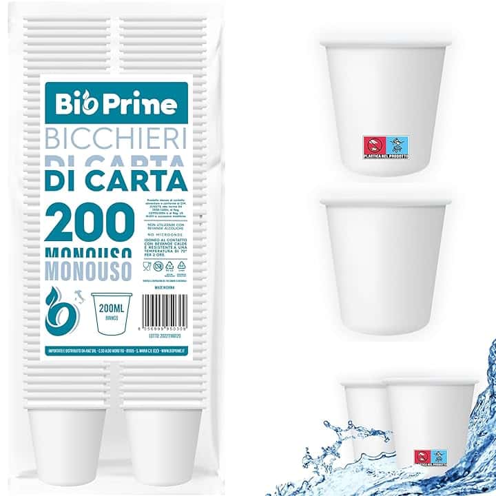 200pz - Bicchieri Acqua in Carta 200ml - Bicchieri 200ml Biodegradabili - Per Bevande Calde, Acqua e Bibite - Bicchieri Usa e Getta.