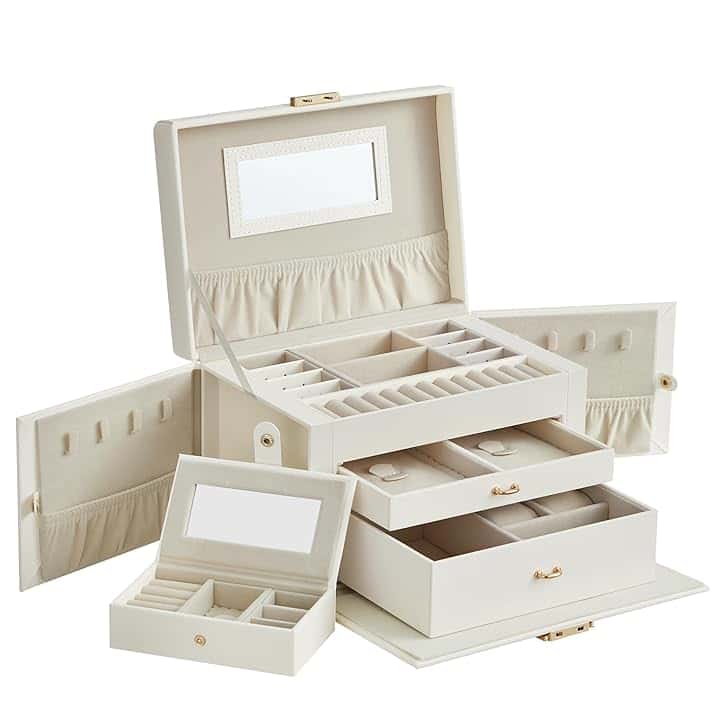SONGMICS SONGMICS Scatola Portagioie a 3 livelli, Porta Gioielli con 2 Cassetti, con Mini Box Portatile da Viaggio, Maniglia, Chiusura, Idea Regalo, PU Bianco Nuvola, Fodera Bianca Crema JBC121W02