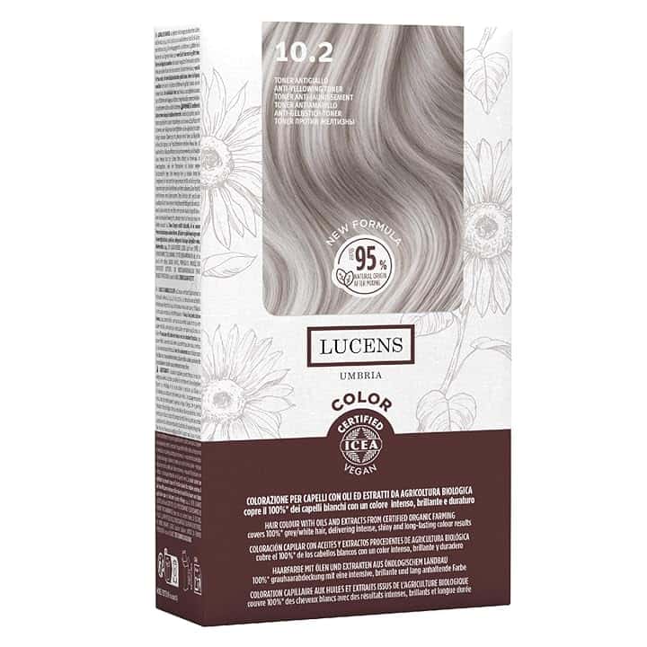 Lucens Umbria - 10.2 Toner Antigiallo, Tinta per Capelli Senza Ammoniaca, Kit Colorazione Permanente Vegan con Estratti Naturali, Azione Lenitiva, Idratante e Protettiva