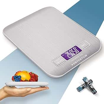 PORTENTUM Bilancia da cucina con display LCD, acciaio inossidabile, bilancia multifunzione per alimenti 5 kg/11 libbre, argento